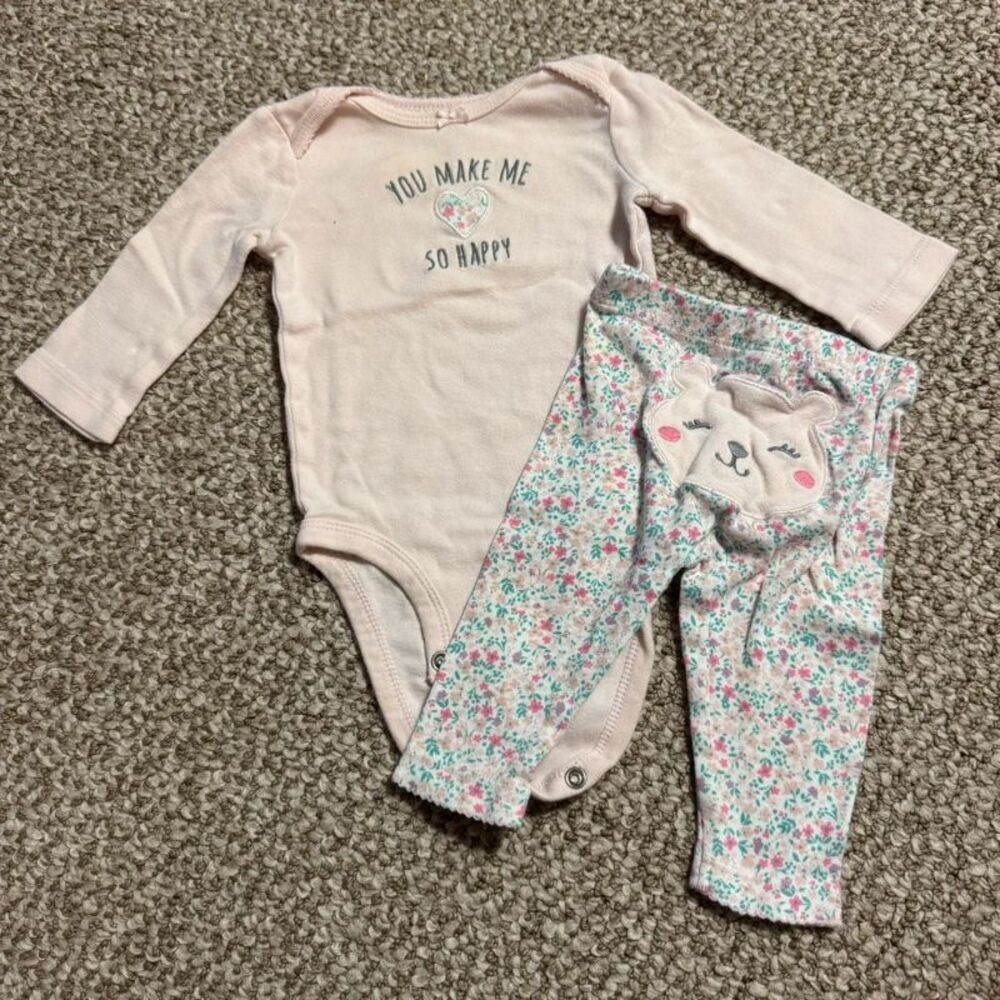 Carter's Baby Girl 2pc Set "So Happy" Bodysuit Floral Pants 3 Months